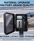 Rock Solid Outdoor EV Charger Cover Waterproof Metal Enclosure showcasing tempered glass, keypad lock, and organized interior layout.