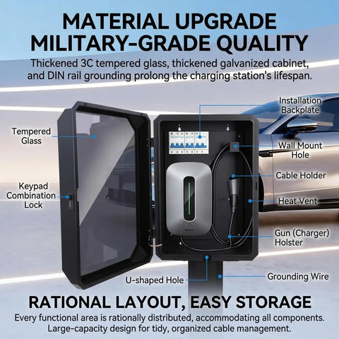 Rock Solid Outdoor EV Charger Cover Waterproof Metal Enclosure showcasing tempered glass, keypad lock, and organized interior layout.