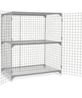 Rock Solid Wire Mesh Security Locker Featuring Two Roomy Doors And A Freely Adjustable Center Shelf Built Tough For Garages Warehouses Or Workshops In Clean Gray with three shelves in open position.