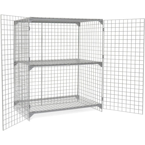 Rock Solid Wire Mesh Security Locker Featuring Two Roomy Doors And A Freely Adjustable Center Shelf Built Tough For Garages Warehouses Or Workshops In Clean Gray with three shelves in open position.