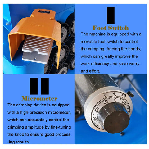 Heavy Duty Electric Vertical Hose Crimper With 13 Tough As Nails Dies And Effortless Foot Pedal Control 480V showing foot switch and micrometer knob.