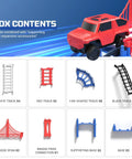 Box contents of Totally Rad DIY Construction Race Track Set With Battery Powered Car showing red car and track pieces