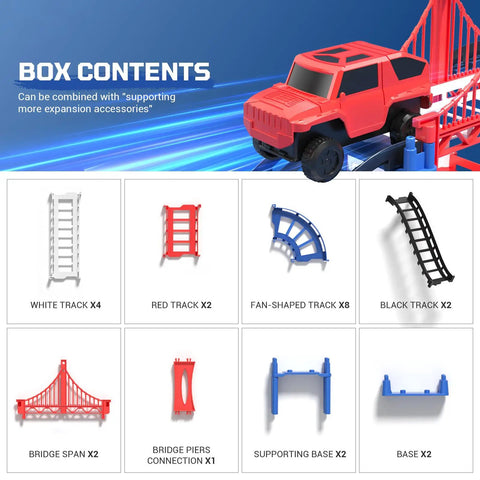 Box contents of Totally Rad DIY Construction Race Track Set With Battery Powered Car showing red car and track pieces