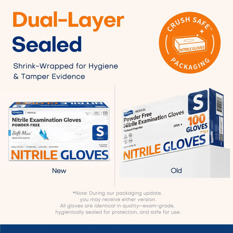 Dual-layer sealed packaging for Nitrile Exam Gloves 3.5 Mil Thick Powder Free Latex Free Food Safe Disposable Gloves, 1000 Count Small