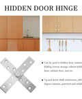 Hidden Door Hinges 4 Pack Stainless Steel 360 Degree Pivot shown with wooden cabinets and installation options