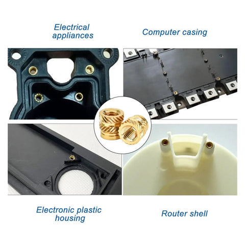 50 Pack Brass Heat Set Inserts M3 For Laptop Repairs And 3D Printing Projects shown in electronic housing and computer casing.