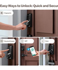 4 In 1 Smart Door Lock With App Control And Fingerprint, Keypad Deadbolt And Backup Key, showing installation on a door