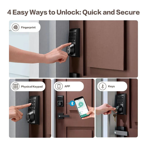 4 In 1 Smart Door Lock With App Control And Fingerprint, Keypad Deadbolt And Backup Key, showing installation on a door