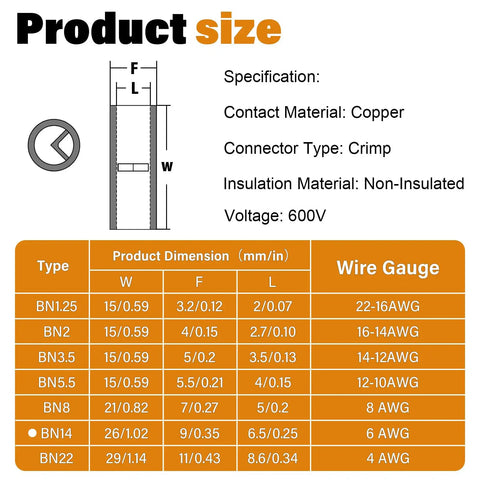 Diagram showing dimensions for 6 Gauge Non Insulated Butt Connectors With Heat Shrink Tubing Pure Copper Wire Splice Kit For Automotive Electrical Crimp Joints For 6AWG Wiring Pack Of 20