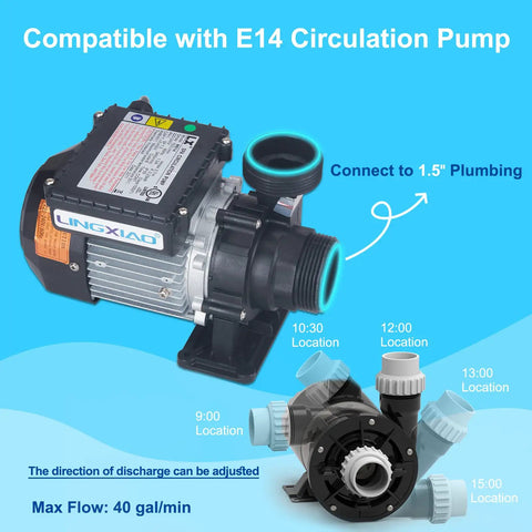 Top Shelf Zero Fuss Hot Tub Circulation Pump 240V 230V 0.35 Horsepower Spa Pool Motor with E14 connection and adjustable discharge.