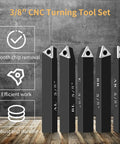 Image of five-piece Three Eighths Inch Indexable Carbide Turning Inserts Holder Set for Machining Lathes on a wooden surface.