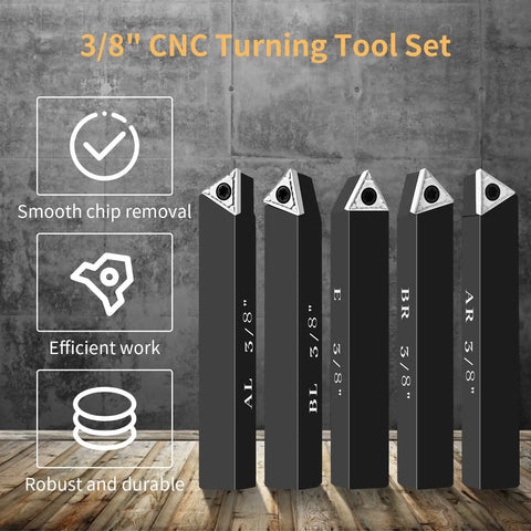 Image of five-piece Three Eighths Inch Indexable Carbide Turning Inserts Holder Set for Machining Lathes on a wooden surface.