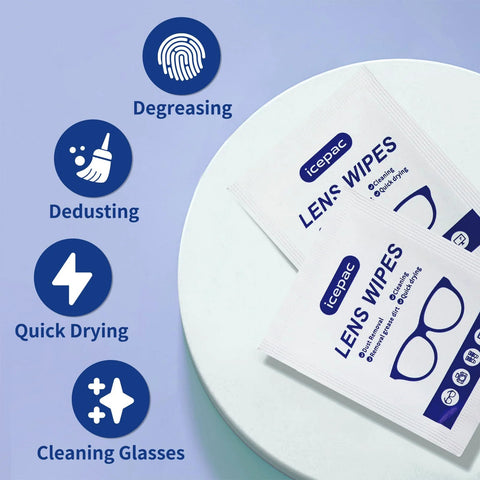 Front view of Icepac Lens Wipes for eyeglasses, white packets, 500-count