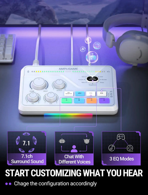 Gaming Audio Mixer With 7 Point 1 Surround Sound, Volume Knob And Mute For Crisp Voice Chat, RGB USB Computer Mixer