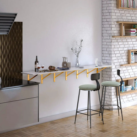 Kitchen countertop with gold brackets similar to Beefy 20 Inch Heavy Duty Black Countertop Support Brackets For Wall Mounted Shelving.