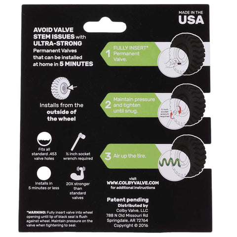 Instructions for installing Permanent Valve Stem Replacement Kit For Tubeless Tires, Heavy Duty Metal Emergency Valve Stems, Made In USA.