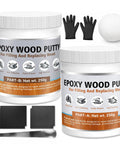 Tough As Nails Epoxy Wood Putty And Hardener Blend Two Part Formula For Plugging Cracks Refilling Holes Rebuilding Weathered Deck Boards Heavy Duty Structural Repair Paste 17 64 Oz in two containers with tools and gloves.