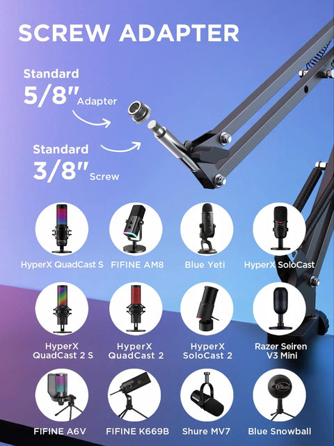 Free Position Mic Arm Boom Stand with screw adapter for Blue Yeti HyperX QuadCast Snowball Fifine Shure SM7B and more