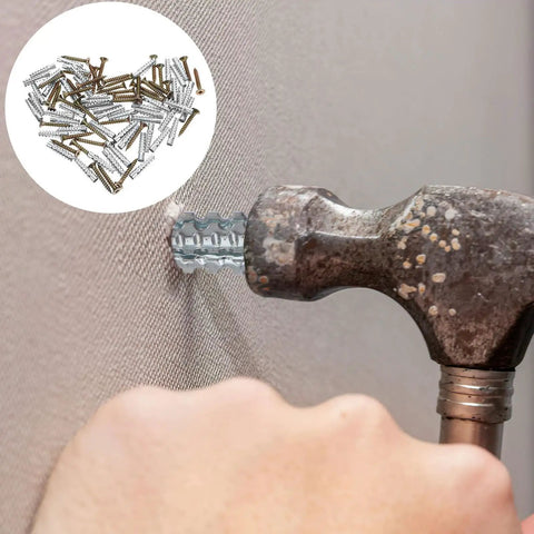 Inserting anchor with hammer and screws, 40-Set Drywall Anchors And Screws Kit For Wood And Concrete Walls Self-Drilling Steel Anchors With Gold