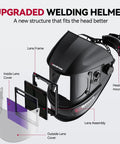 Dope Auto Darkening Welding Helmet With Large Viewing Screen Solar Powered Four Arc Sensors Top Optical Clarity 1 1 1 1 Wide Shade Range 4 To 13 For TIG MIG ARC Welding And Cutting, shown with a lens assembly, headset mounts, and covers.