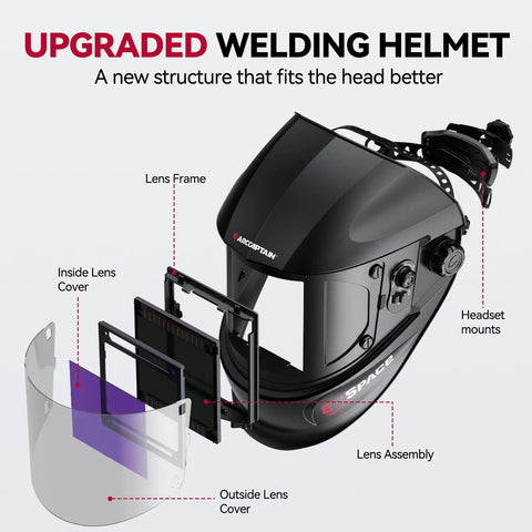 Dope Auto Darkening Welding Helmet With Large Viewing Screen Solar Powered Four Arc Sensors Top Optical Clarity 1 1 1 1 Wide Shade Range 4 To 13 For TIG MIG ARC Welding And Cutting, shown with a lens assembly, headset mounts, and covers.