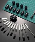 DIY Ready Flexible Rubber End Caps Set Of 60 Pieces To Protect Screw Threads For Metal Tubes Bolts And Rods In Six Sizes 2mm 3mm 6.5mm 8mm 10mm 12mm displayed on a green cutting mat with tools.