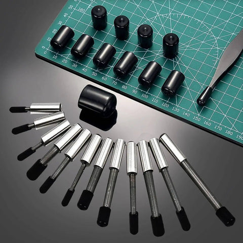 DIY Ready Flexible Rubber End Caps Set Of 60 Pieces To Protect Screw Threads For Metal Tubes Bolts And Rods In Six Sizes 2mm 3mm 6.5mm 8mm 10mm 12mm displayed on a green cutting mat with tools.