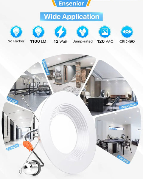 Five To Six Inch LED Recessed Can Lights 12 Pack With Heavy Duty Metal Baffle Trim Dimmable Damp Rated 12W Equivalent 110W 1100 Lumens Retrofit Lighting 5000K Daylight ETL FCC Energy Star illustration with applications