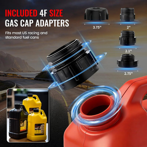 Fuel transfer pump with 51-inch hose and four gas-cap adapters; battery-powered auto-stop siphon for trucks, RVs, boats