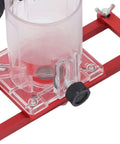 Zunate wood trimmer router base on red aluminum frame with clear plastic guard and black knob (close-up)
