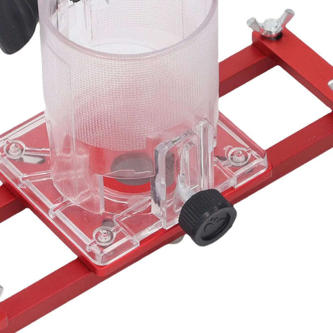 Zunate wood trimmer router base on red aluminum frame with clear plastic guard and black knob (close-up)
