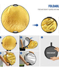 Go To 32 Inch 80cm Five In One Light Reflector Kit with clamp and hand grips in gold surface variety, compact foldable design