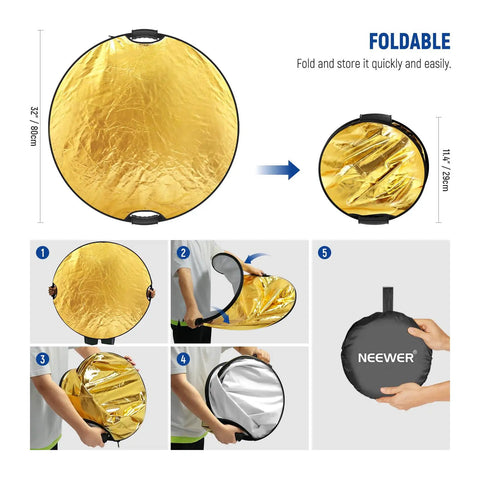 Go To 32 Inch 80cm Five In One Light Reflector Kit with clamp and hand grips in gold surface variety, compact foldable design