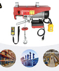850 Watt Electric Hoist Cranes With Wired Remote For Heavy Lifts Up To 880 Lbs Waterproof Wireless Control showcasing red crane, wired remote and hook.
