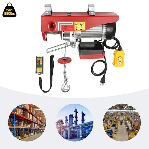 850 Watt Electric Hoist Cranes With Wired Remote For Heavy Lifts Up To 880 Lbs Waterproof Wireless Control showcasing red crane, wired remote and hook.