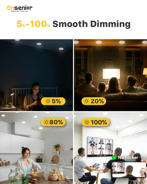 48 Pack Slick 6 Inch LED Recessed Lights Delivering Hella Bright Output With Sleek Canless Wafer Design For Dead Simple Cut In Install And Smooth Fifty To Hundred Percent Dimmable Functionality showcased in various dimming settings.