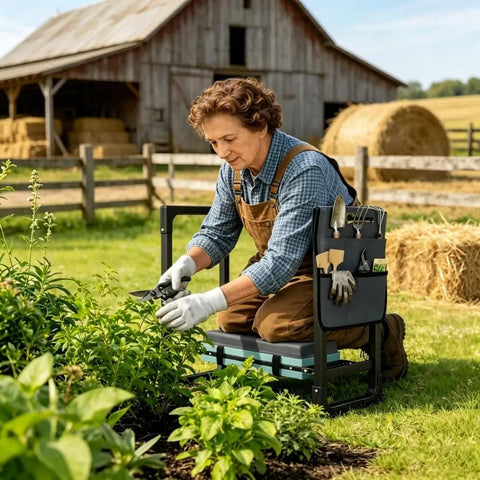 Person using 2 In 1 Garden Kneeler And Seat With Thick Cushion And Tool Pouch Wider 15.4 Inch Foldable Outdoor Bench in a garden.