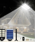 600W Solar Street Light With Motion Sensor Dusk To Dawn 6500K Daylight White Flood Lighting illuminating a house at night