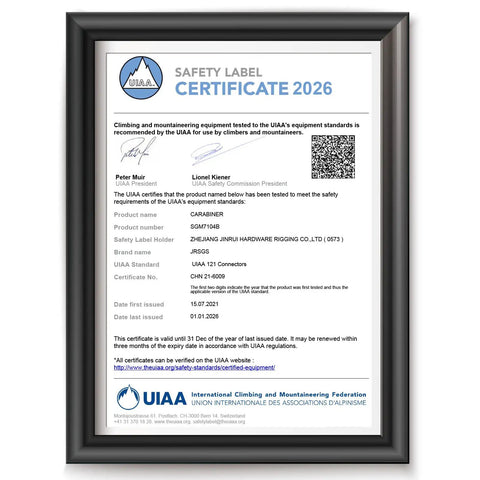 UIAA certificate for Beefy 25kN Locking Climbing Carabiner UIAA Certified Heavy Duty Large Size for safety compliance.
