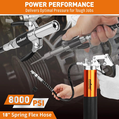 Front view of grease gun kit, 18-piece, 8000 PSI, orange body with chrome fittings and hoses.