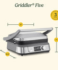Cuisinart Griddler FIVE Electric Grill With Panini Press showing dimensions 12" x 10.5" x 7" and LCD controls.