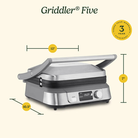 Cuisinart Griddler FIVE Electric Grill With Panini Press showing dimensions 12" x 10.5" x 7" and LCD controls.