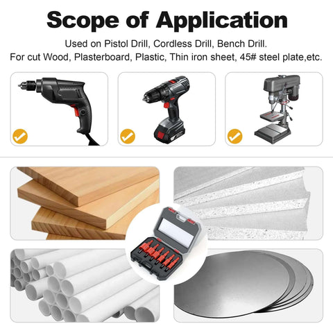 XDENGP Bi-Metal Hole Saw Kit, 6-piece set (5/8–1-3/8 in) for wood, plastic, drywall, soft metal, with case.