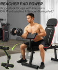 Man using upgraded adjustable weight bench with leg extension and curl, showing preacher pad power, in home gym setting.