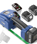 Heavy Duty Electric Strapping Tool That Handles Heavy Workloads With 3200 Newtons Tension And Fully Automatic Operation For Pp Pet Banding featuring a blue body and dual 5Ah batteries.