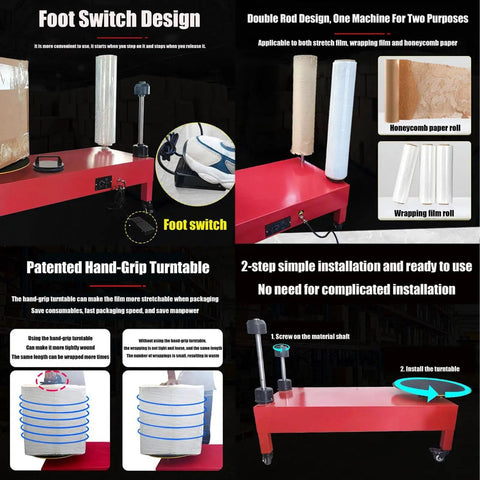 Heavy Duty Electric Pallet Wrapping Machine With Adjustable Turntable showing foot switch, hand-grip turntable, and easy installation.