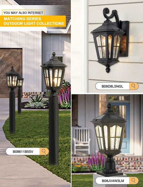 Outdoor Wall Mount Light Fixture Hands Free No Fuss Dusk To Dawn Porch Light Anti Rust Matte Black Exterior Light With Water Ripple Glass For Doorway Waterproof Weatherproof Wall Lantern For Home Or Business displayed along a pathway and mounted on a wall.