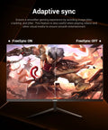24 Inch Gaming Monitor With 100Hz Refresh, Built In Speakers, 1080p Display, Ergonomic Tilt For Home Office And Gaming, HDMI And VGA Ports, Wall Mount Ready, Plug And Play For Work And Play showing FreeSync feature with a game character on screen.