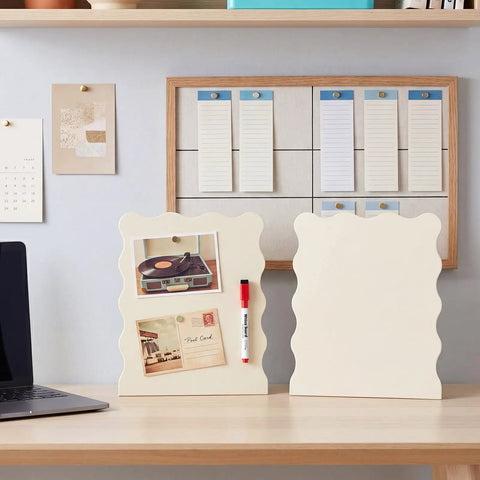 Four Piece Scalloped Magnetic Memo Boards Set For Desk Or Wall Display with photos and pen on desk in home office