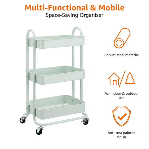 3 Tier Metal Rolling Utility Cart With Deep Mesh Trays And Pivoting Casters, Smooth Operator Kitchen Island Storage Organizer That Slays For Tools, Groceries, And Daily Grind Setup In Mint Green